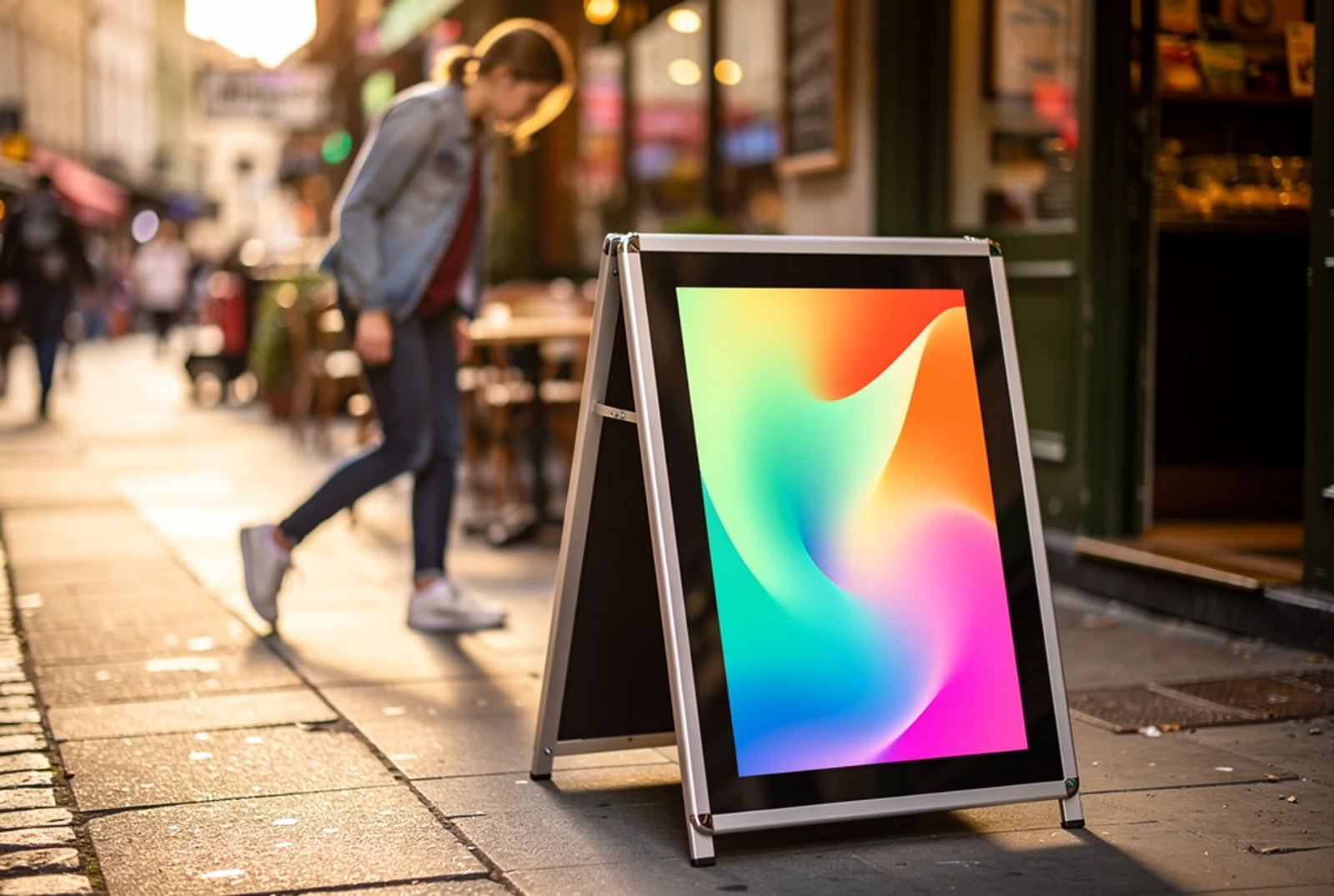 Chevalet publicitaire numérique posé sur le trottoir devant un commerce