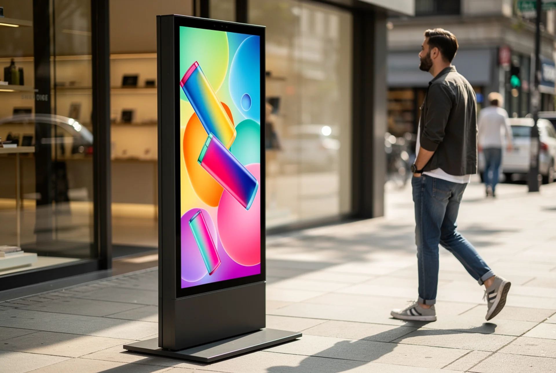 Totem publicitaire numérique installé sur un trottoir devant une boutique