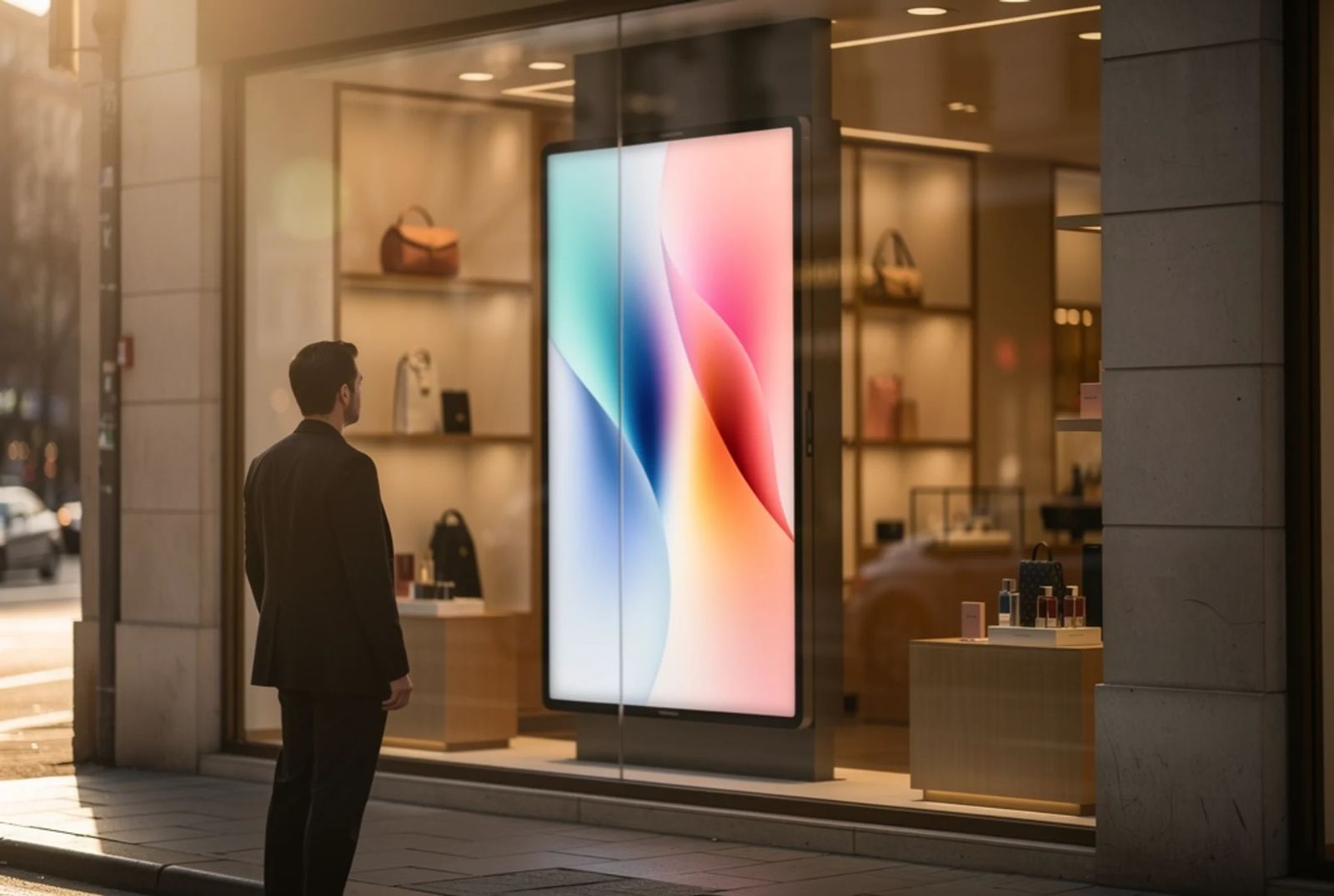 Écran de vitrine grand format dans la devanture d'une boutique