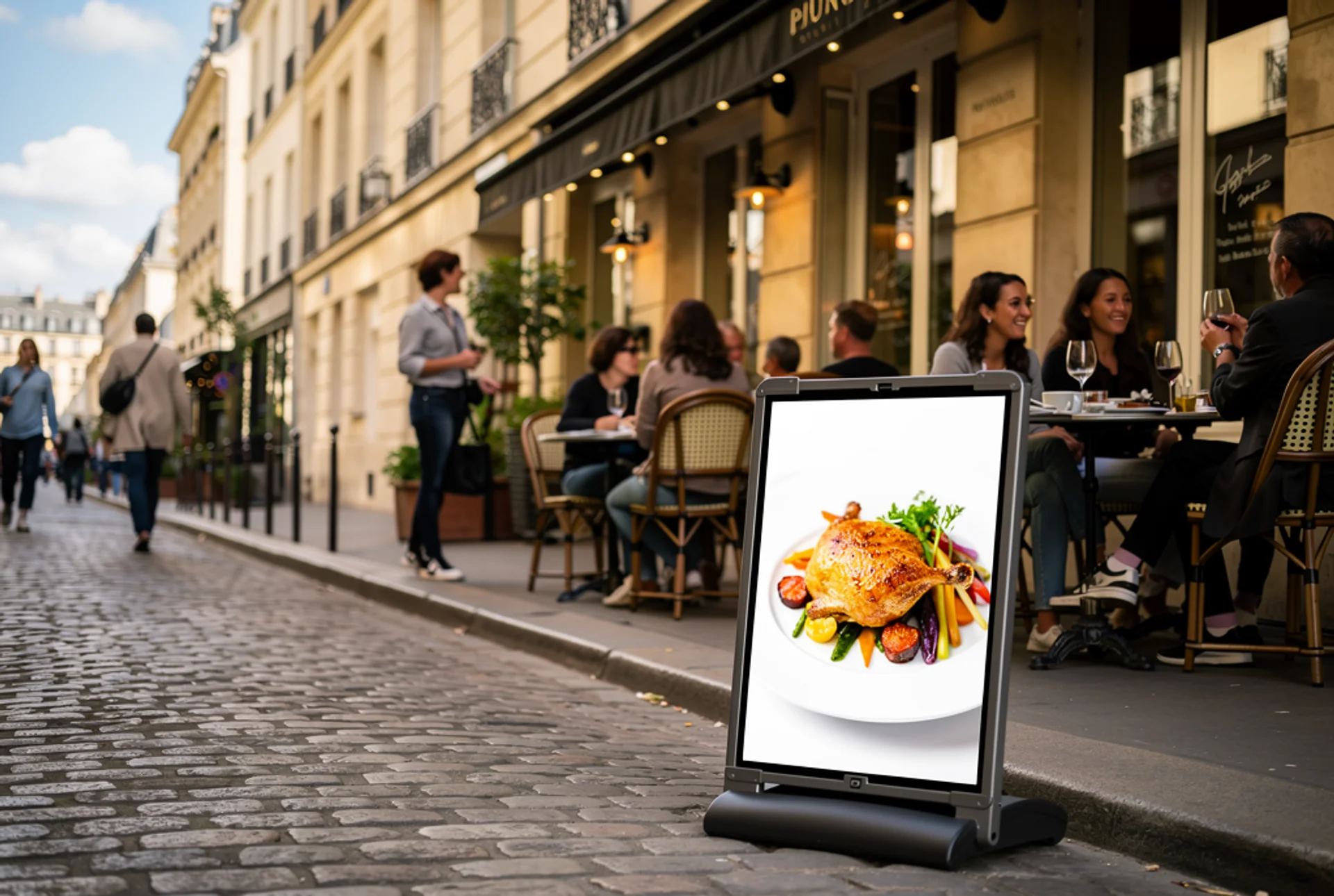 Chevalet numérique diffusant un plat devant un restaurant