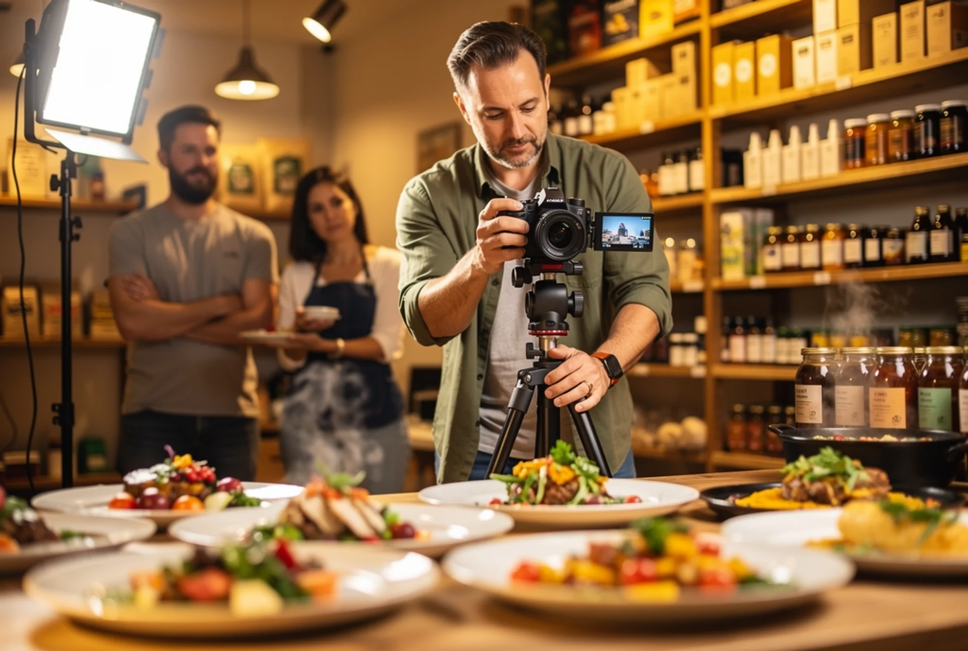 Tournage vidéo dans un commerce : plats filmés à la caméra