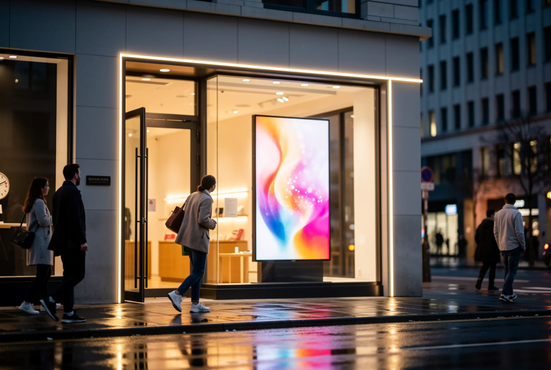 Totem lumineux en vitrine d'un commerce, le soir